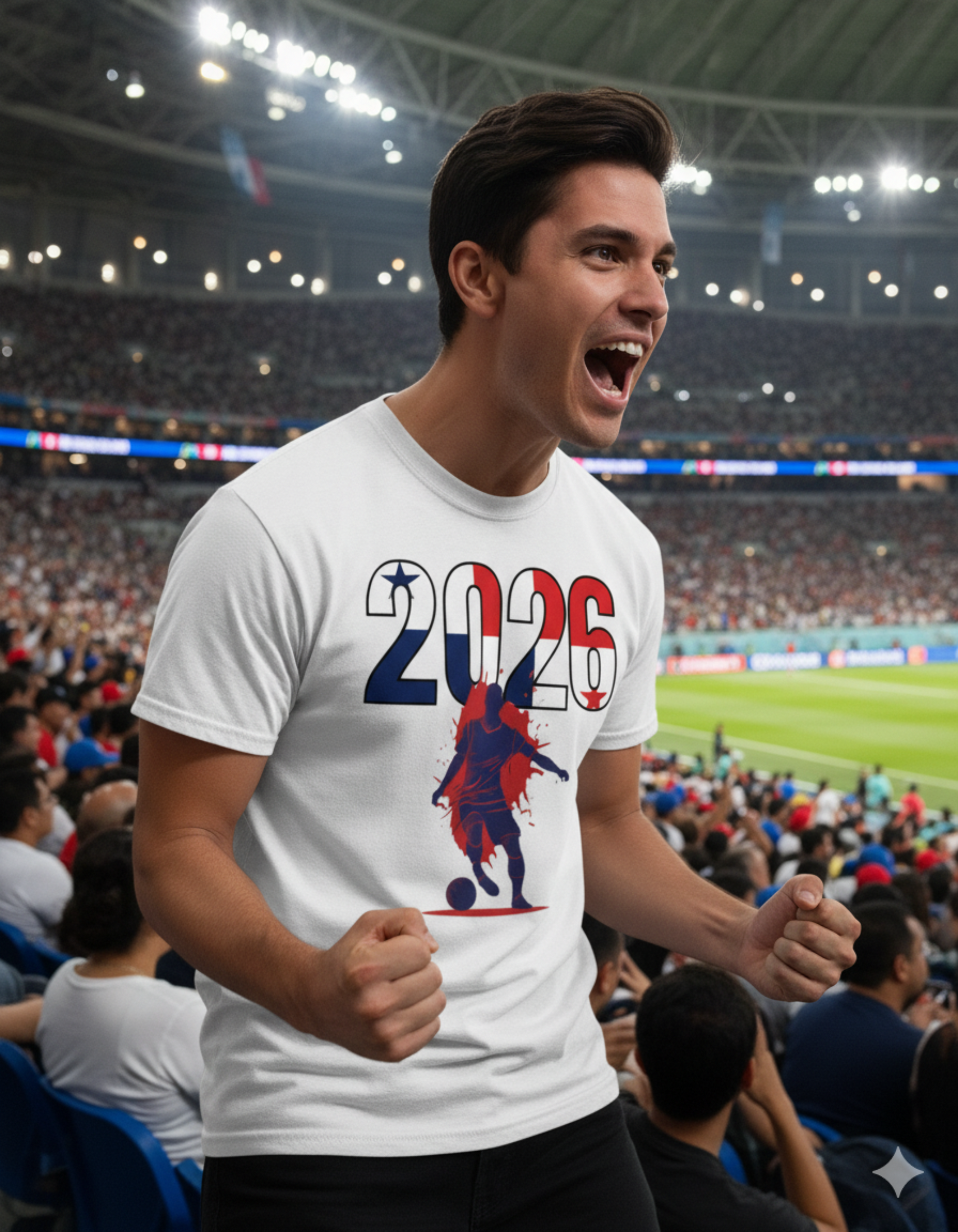 Man in a stadium wearing a t-shirt with '2026' and a soccer player graphic.